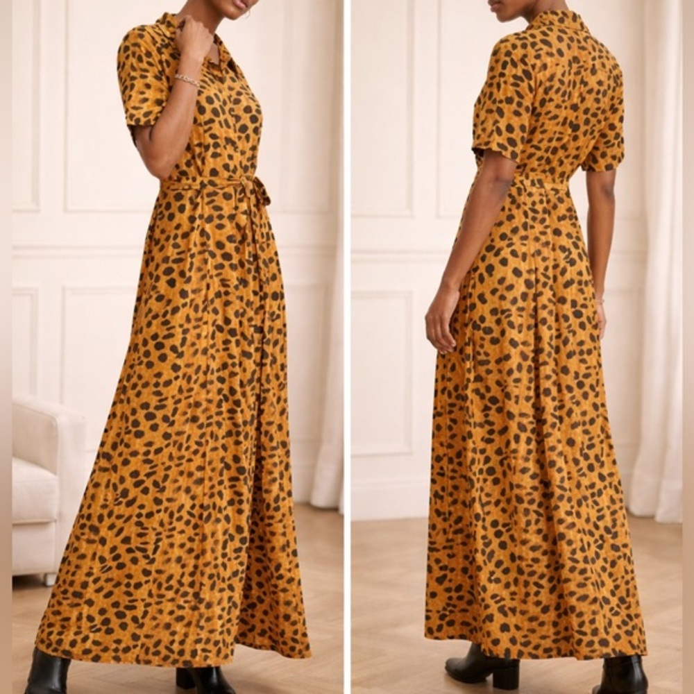 Anthropologie Porridge Vianne Leopard Print Maxi Shirt Dress Belted Button Down